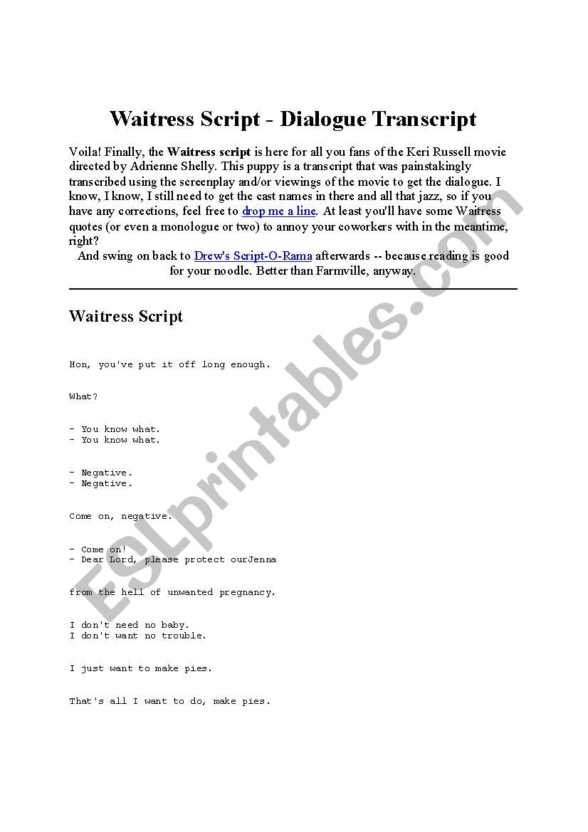 Waitress (Lyrics) worksheet