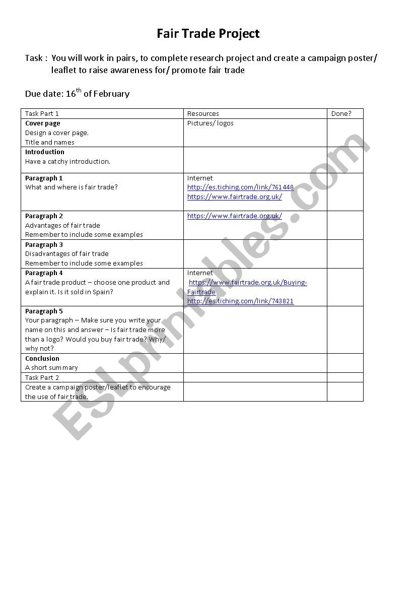 fair trade project  worksheet