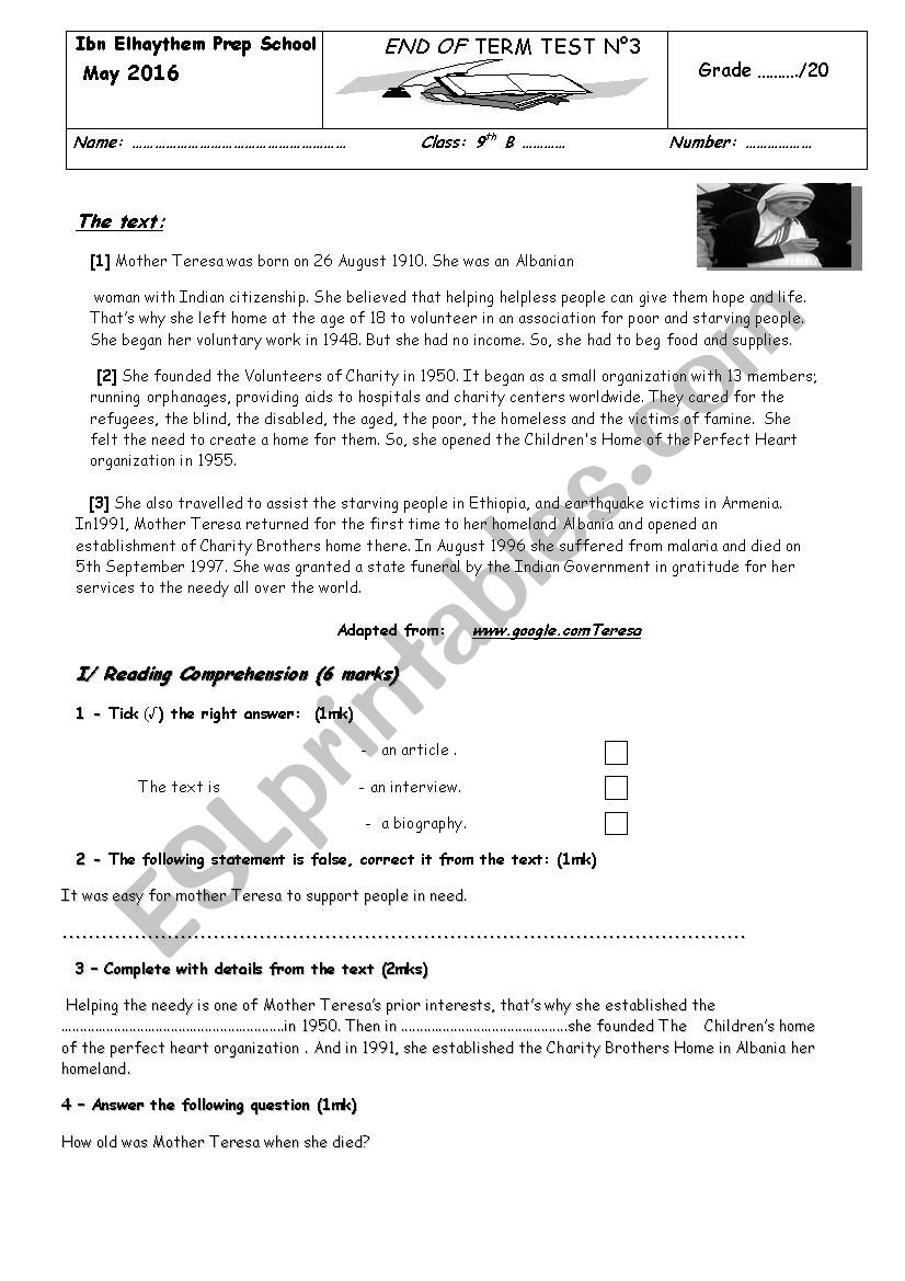 End of term test 3 worksheet