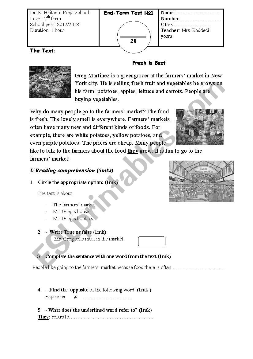 End semester 1 test  worksheet