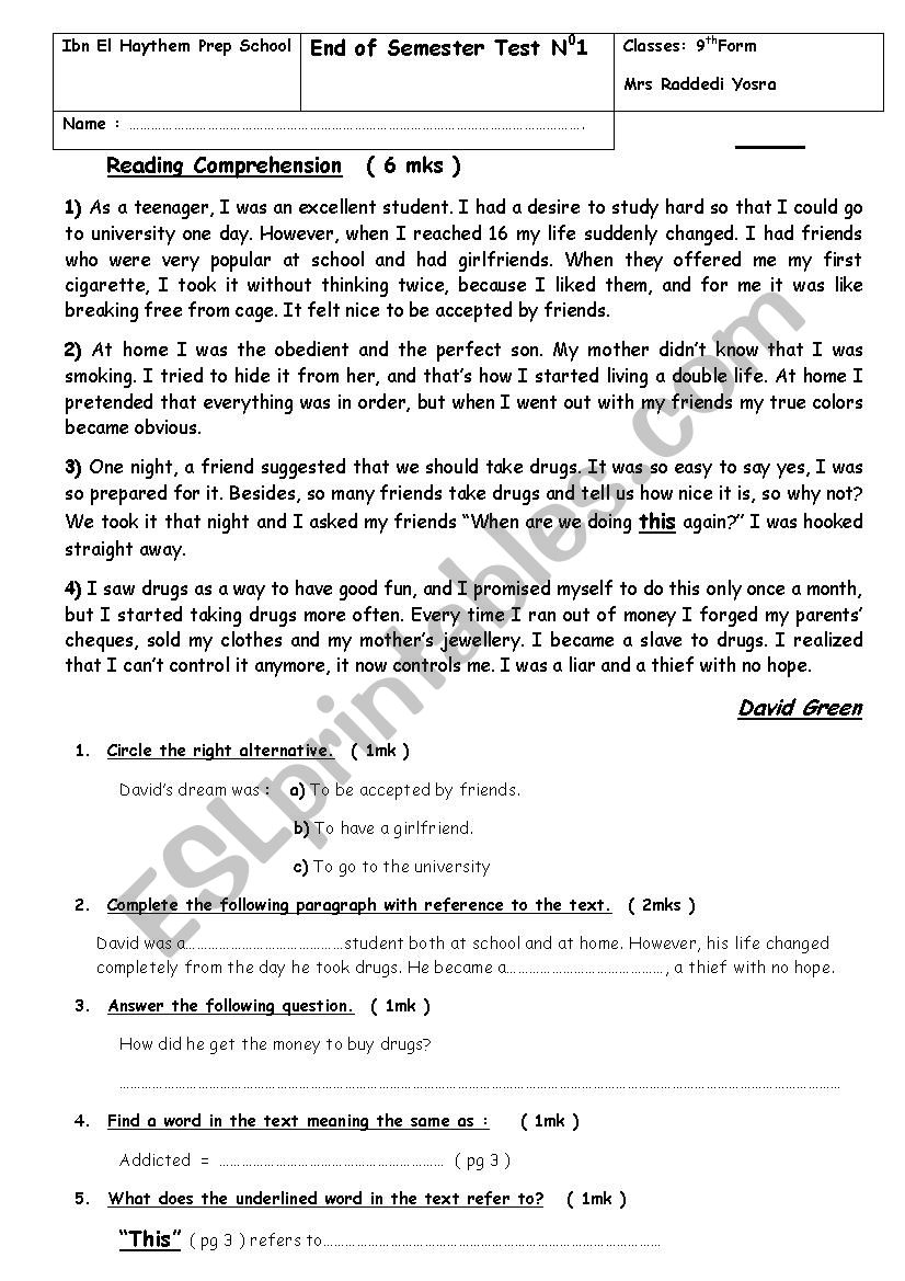 End semester1 test 9th form  worksheet