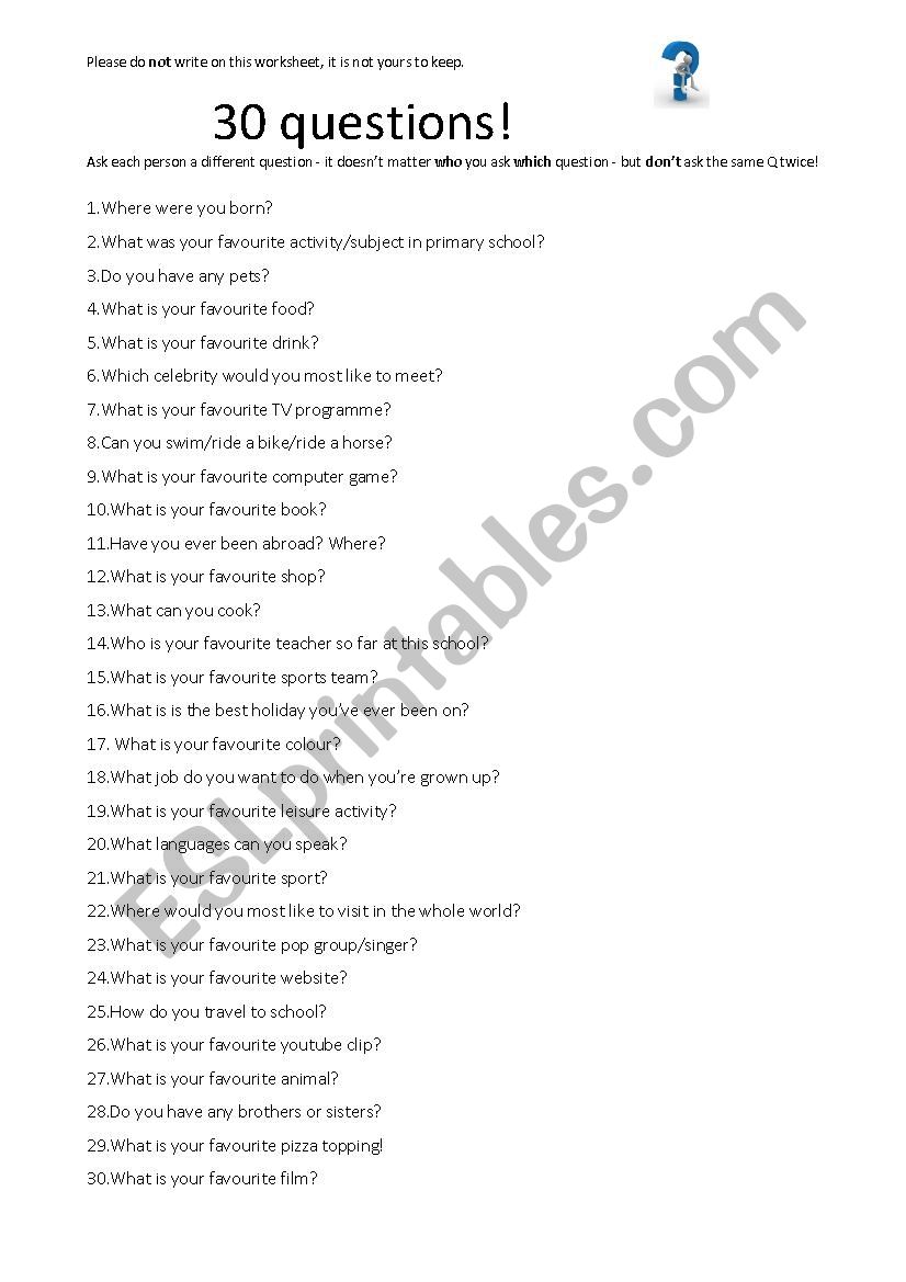 30 questions worksheet