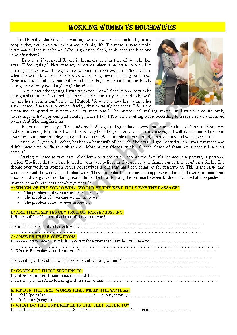 working women or housewives worksheet