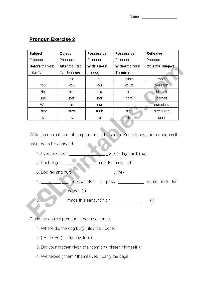 Pronoun Exercise worksheet