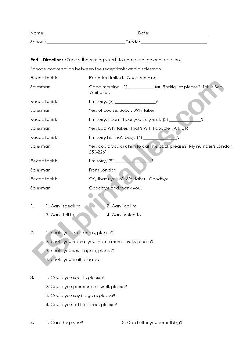 Conversation worksheet