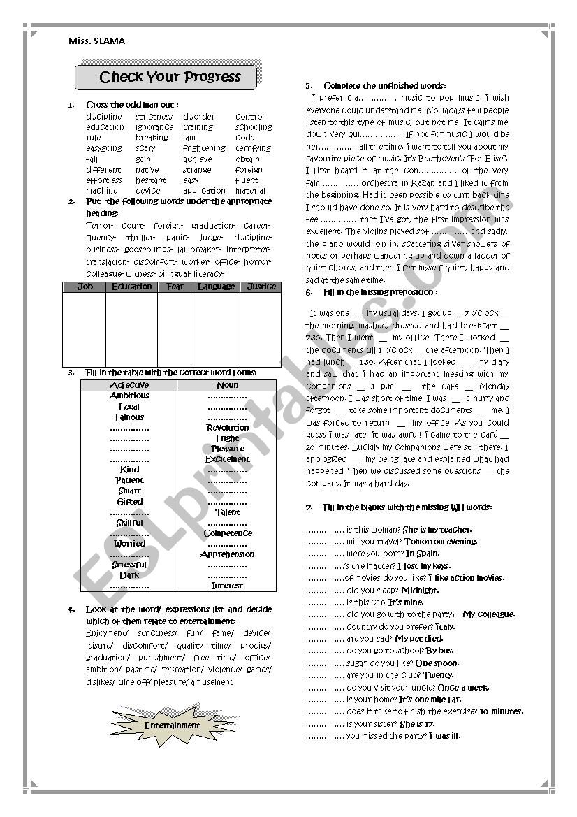 Check Your Progress worksheet