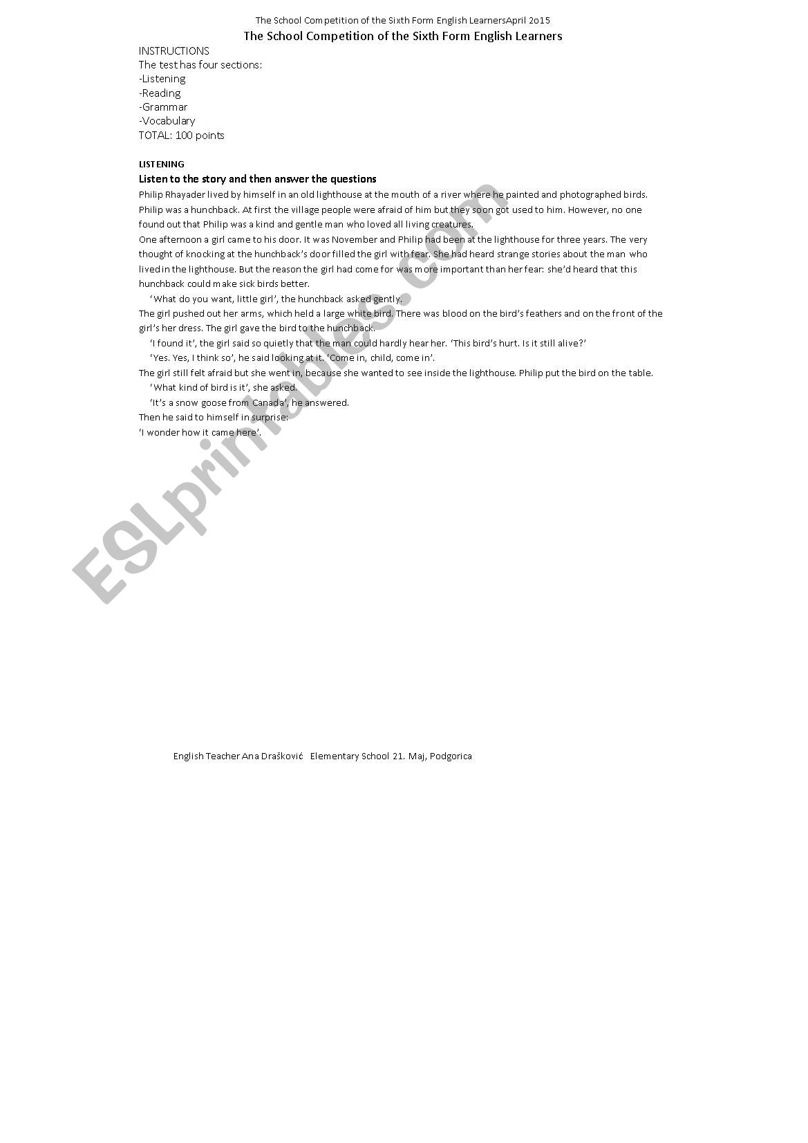 The School Competition Test worksheet