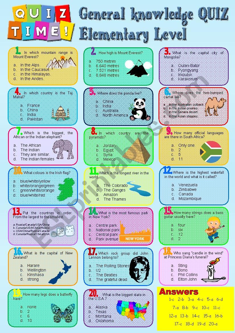 General Knowledge QUIZ  A  -  Elementary level + KEY