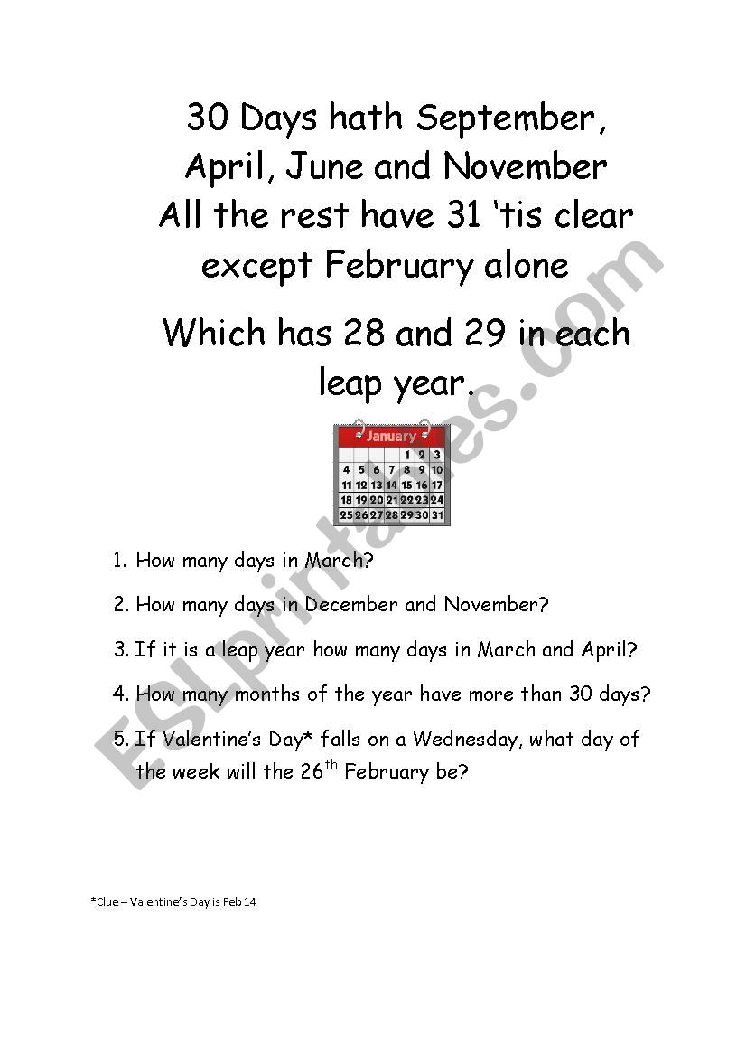 30 days hath September worksheet