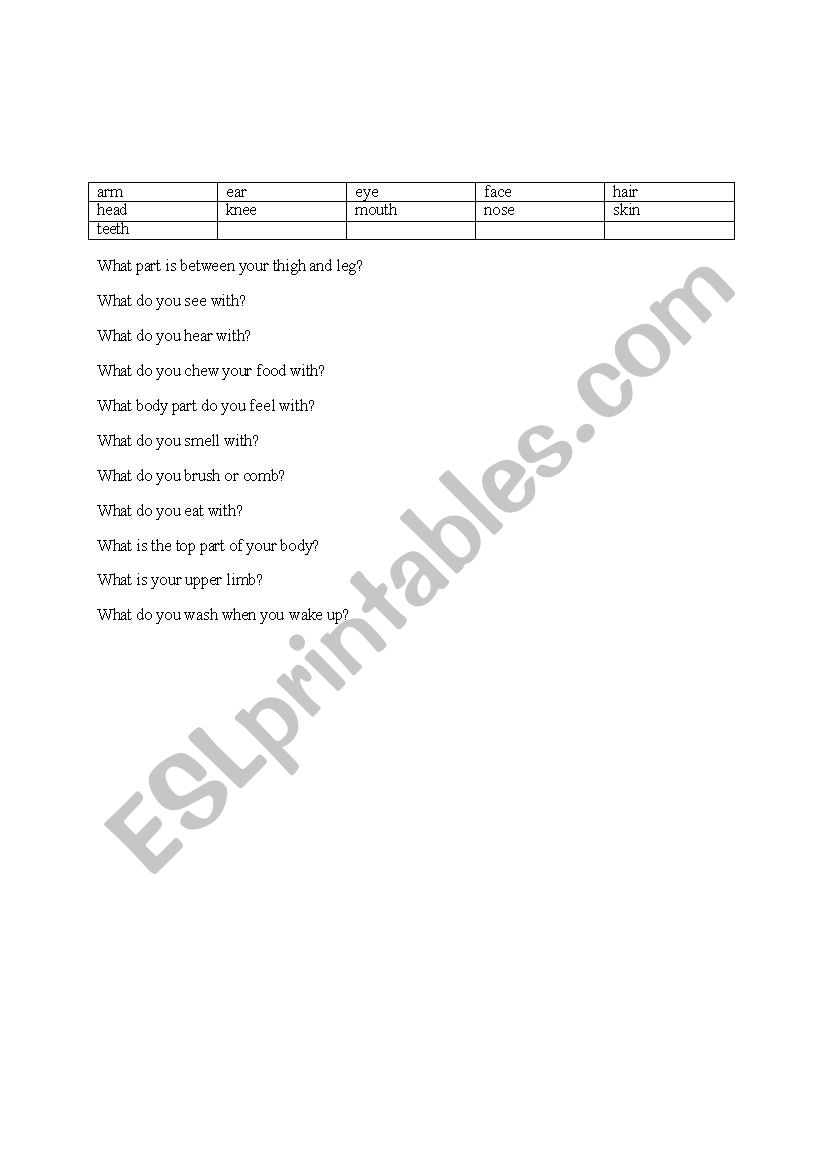 Body Parts vocabulary worksheet