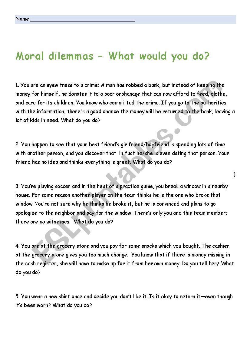 Dilemmas worksheet  worksheet