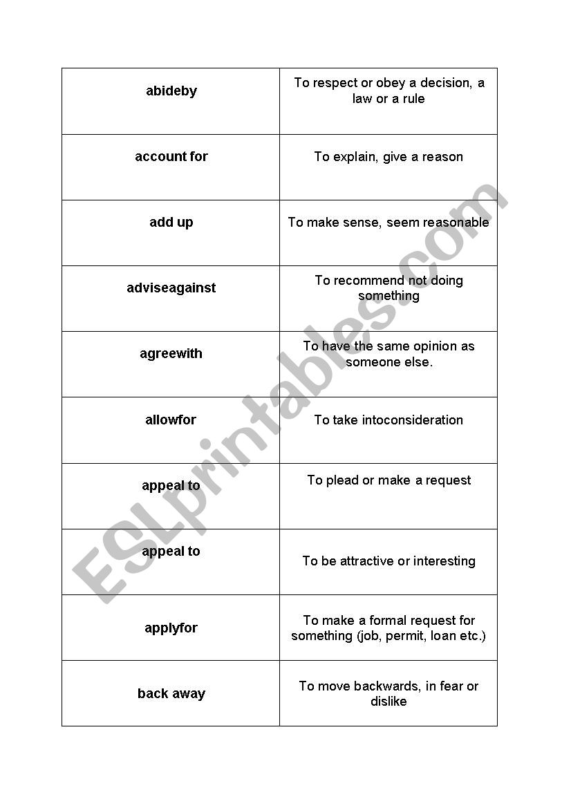 Phrasal verb - matching game (verbs A - C)