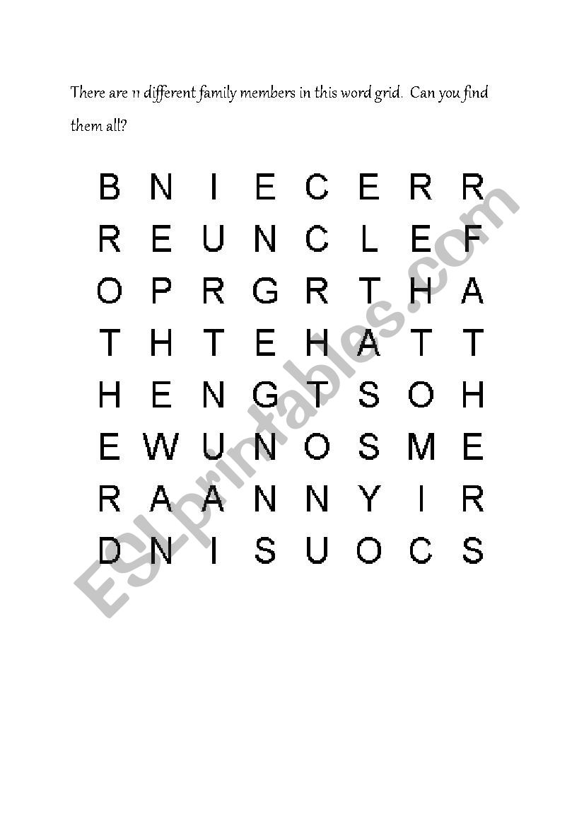 word search - family members worksheet