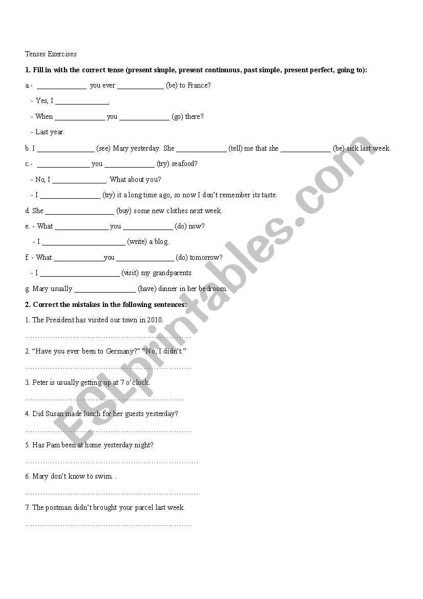 Tenses - exercises worksheet