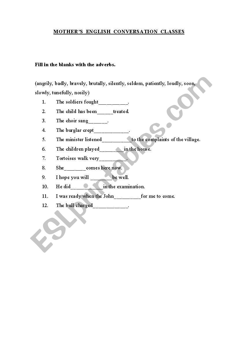 Different types of Adverbs worksheet