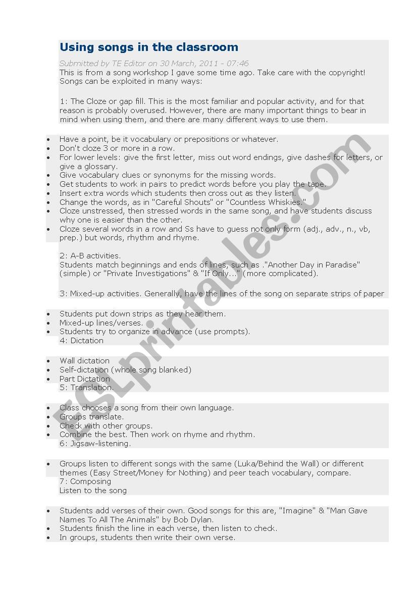 activities with songs worksheet