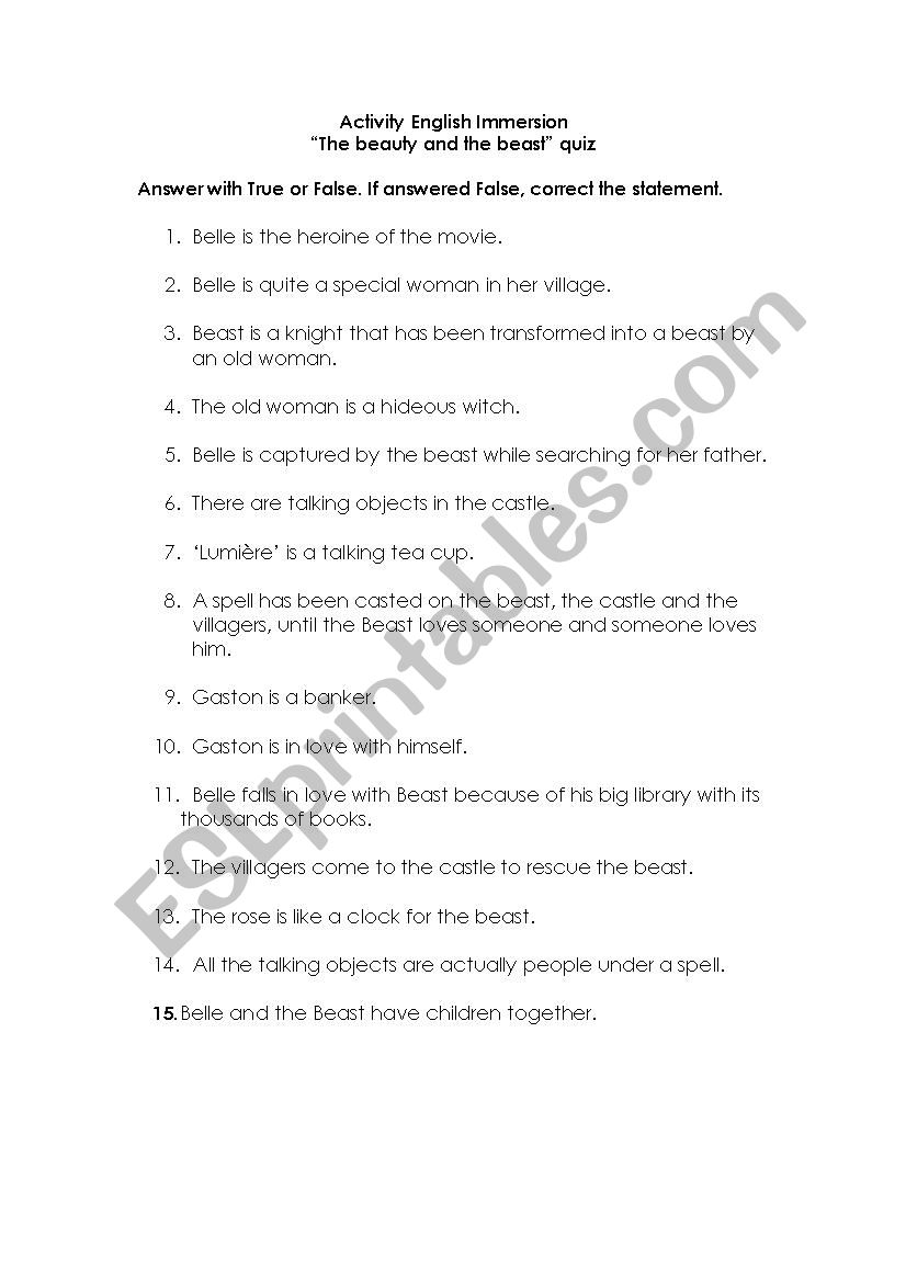 Beauty and the beast quiz worksheet