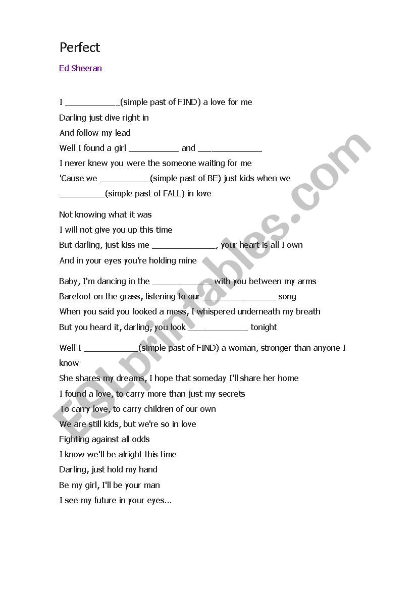 Perfect - Ed Sheeran worksheet