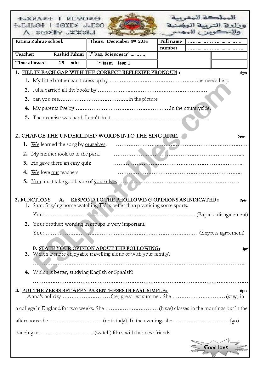 1 bac quiz  worksheet