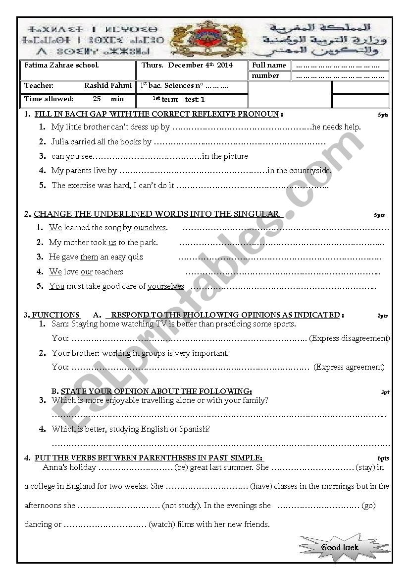 1 bac quiz  worksheet