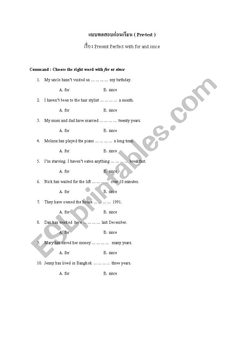 Pre-test and Post-test of Present perfect with for and since