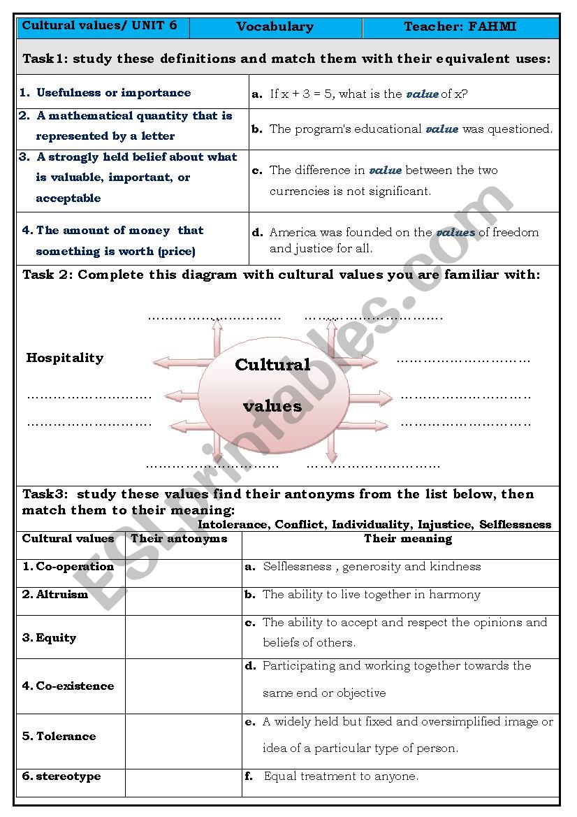 cultural values  vocabulary worksheet