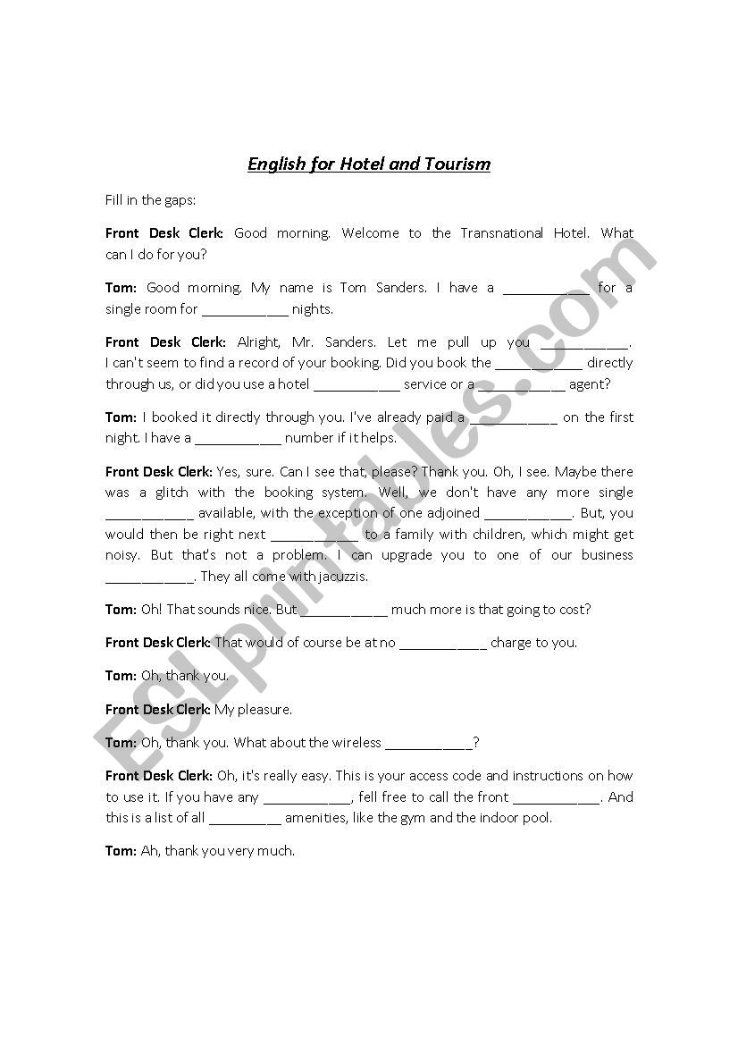 English for Hotel and Tourism worksheet