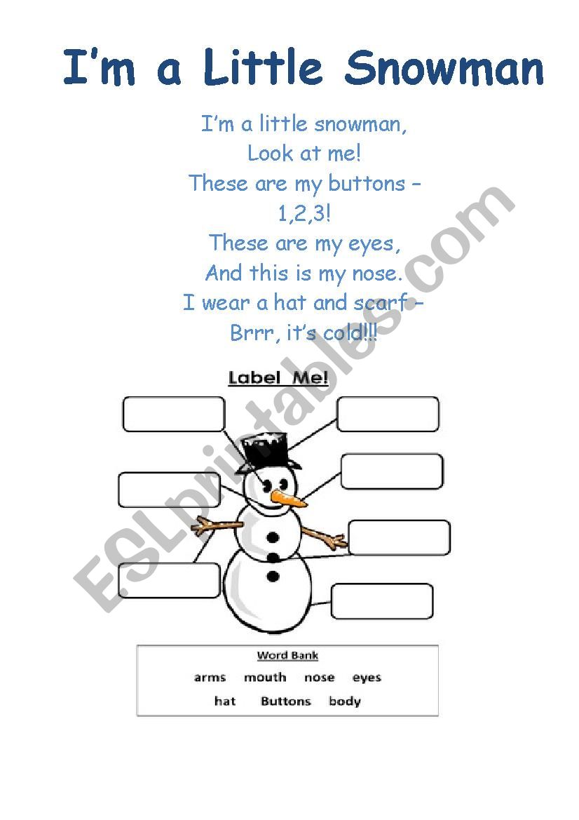 Poem "I am a Little Snowman" ESL worksheet by Julia Julia