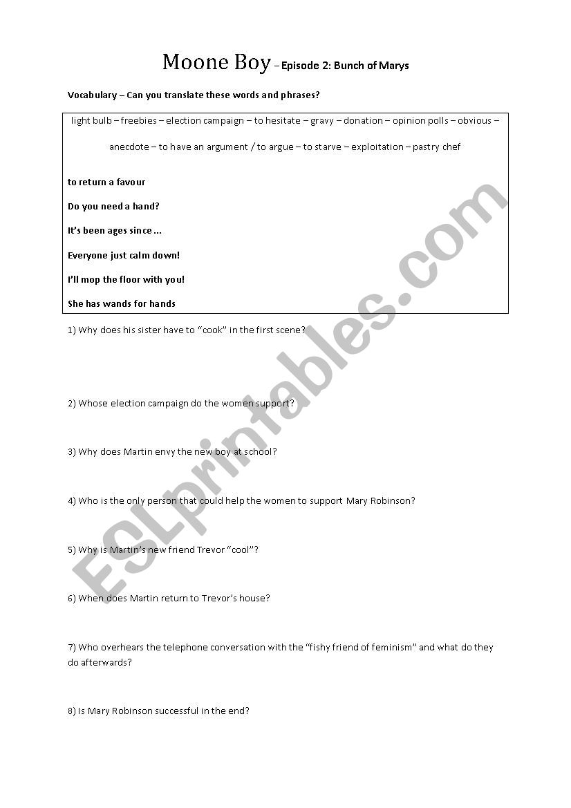 MOONE BOY questions worksheet