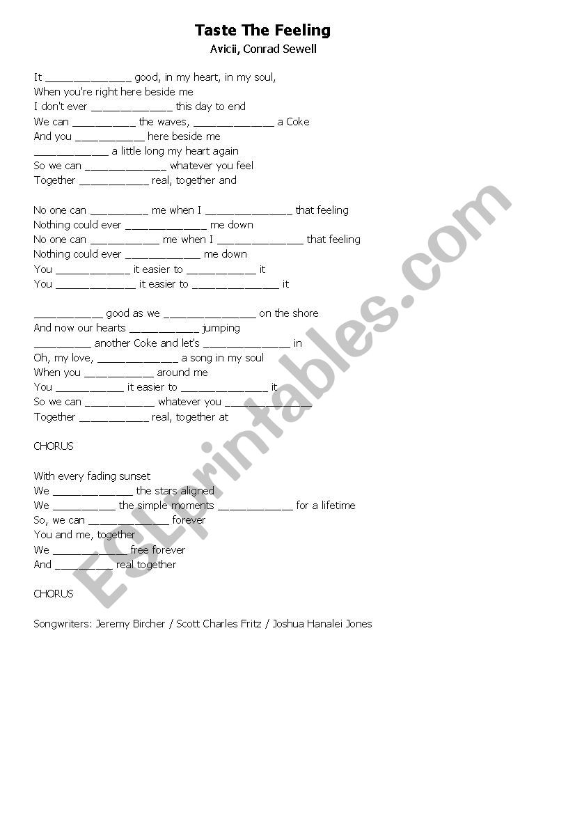 Taste the feeling worksheet