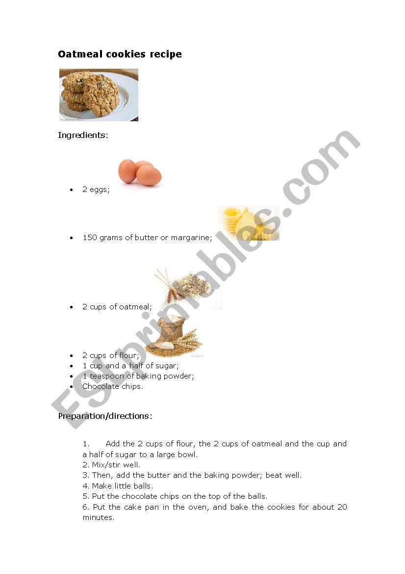 Oatmeal cookies recipe worksheet
