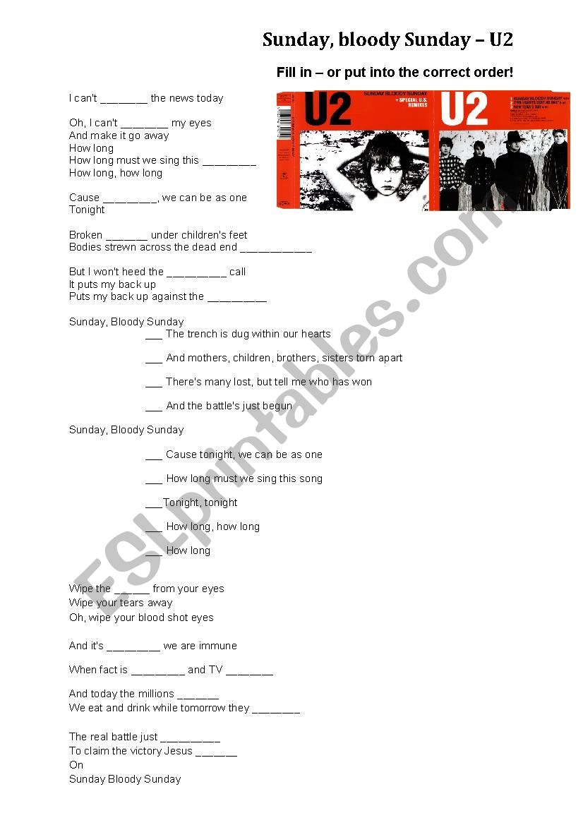 Lyrics sheet - sunday bloody sunday U2