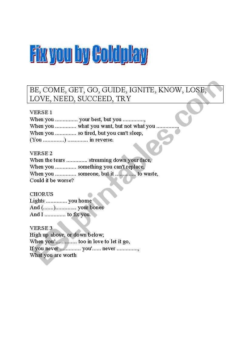 song- fix you-coldplay worksheet