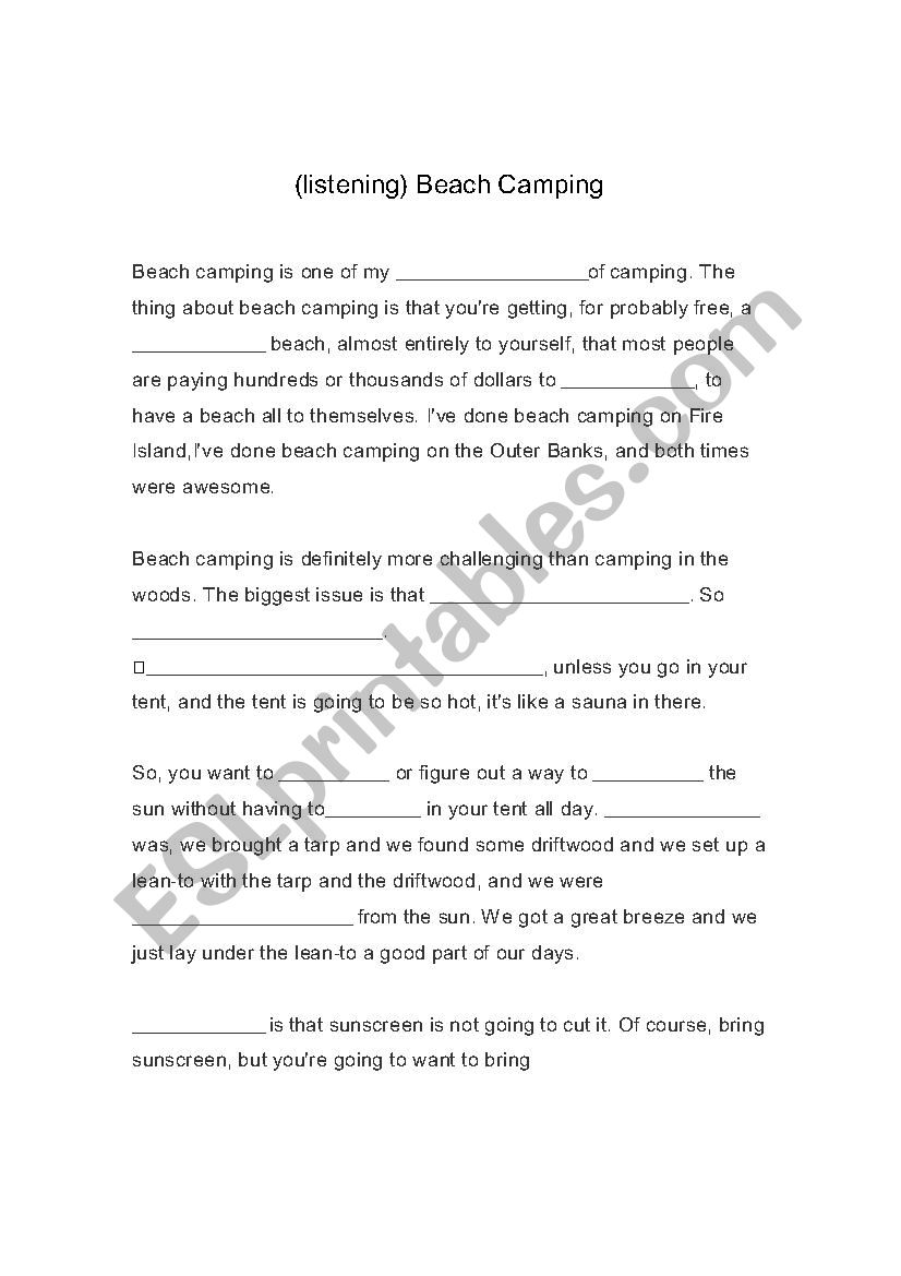 Beach Camping worksheet