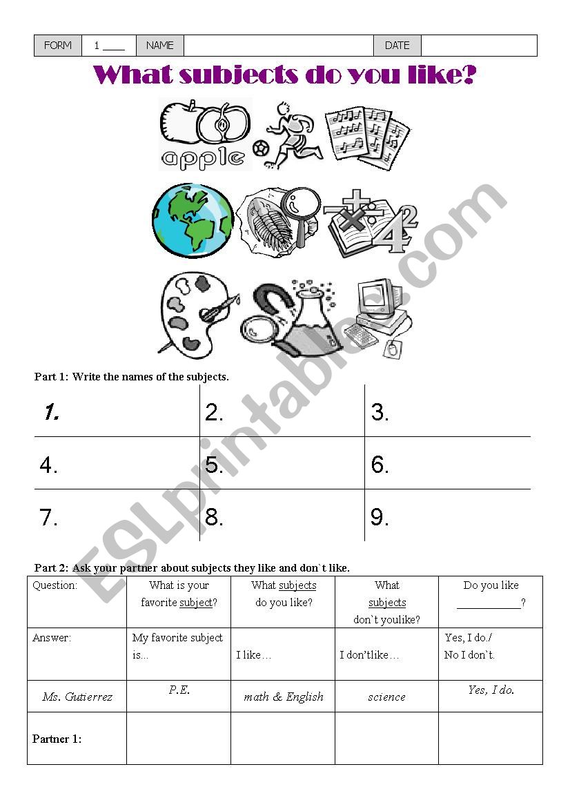 School Subject Introduction sheet with Questions