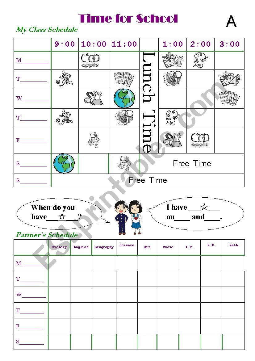 School Subject Pair work Conversational Practive Worksheet