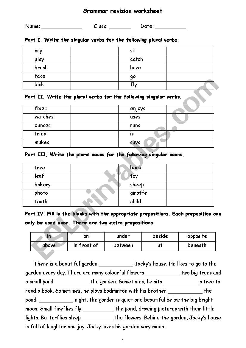 Grammar Plural Singular verbs worksheet