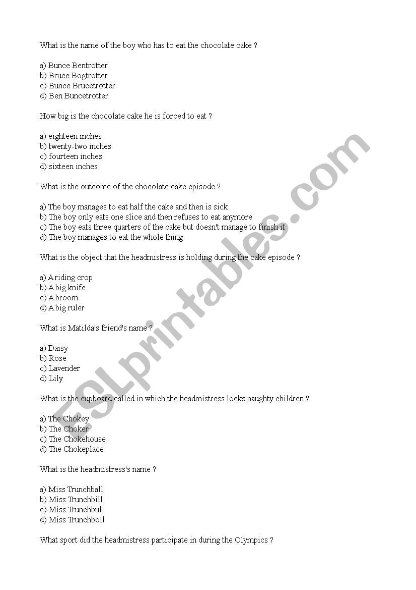 Matilda middle chapters quiz worksheet