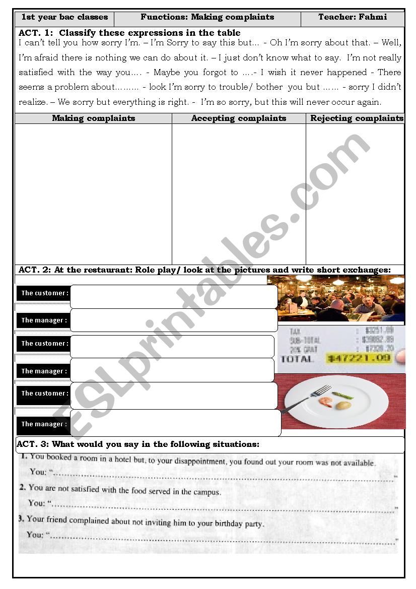 making complaints worksheet