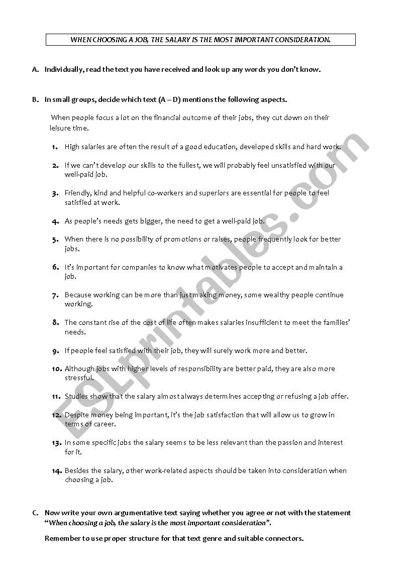 Jobs and Salary - Reading Argumentative Texts