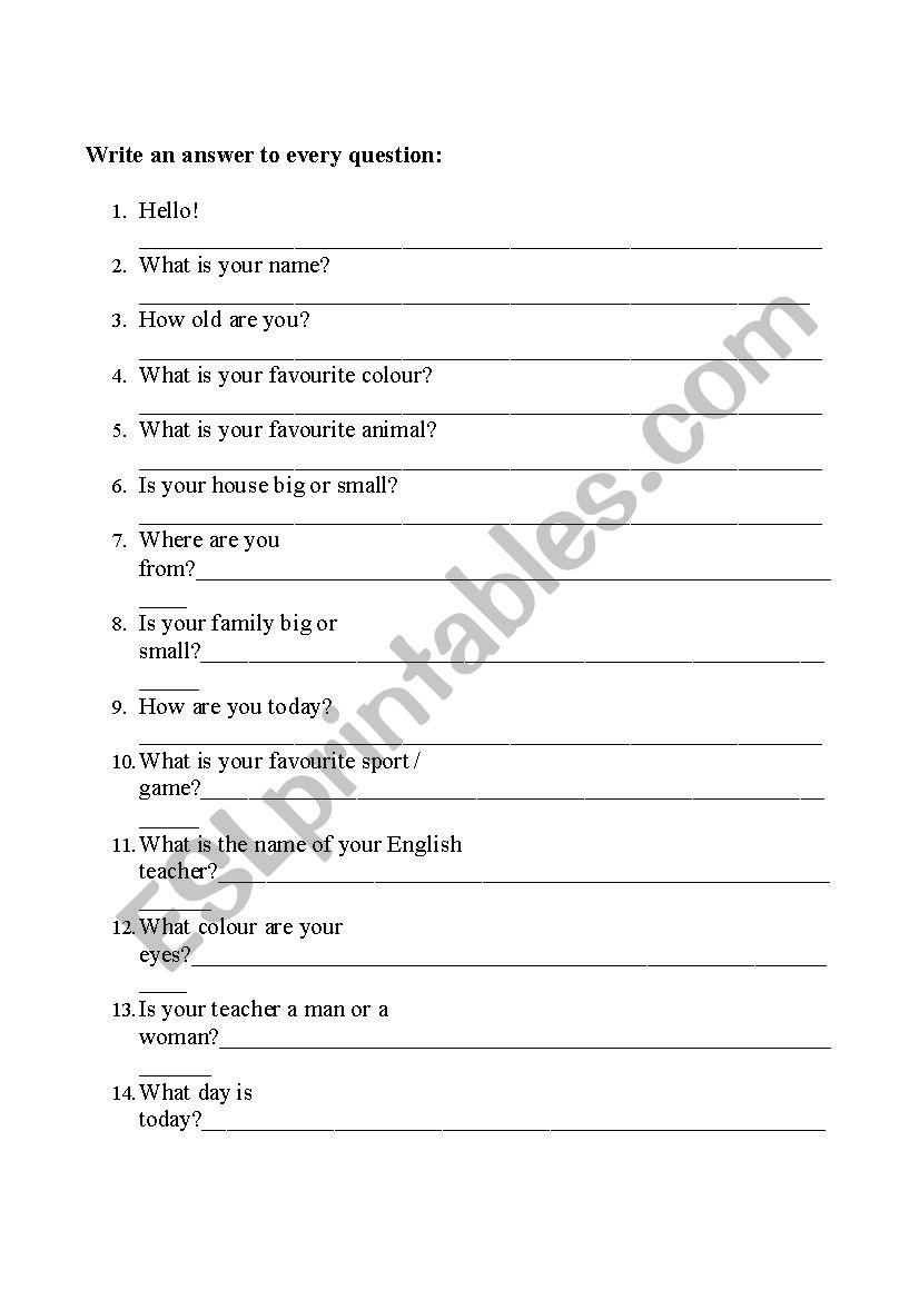 Questions for Starter´s Speaking and Writing practice - ESL worksheet ...