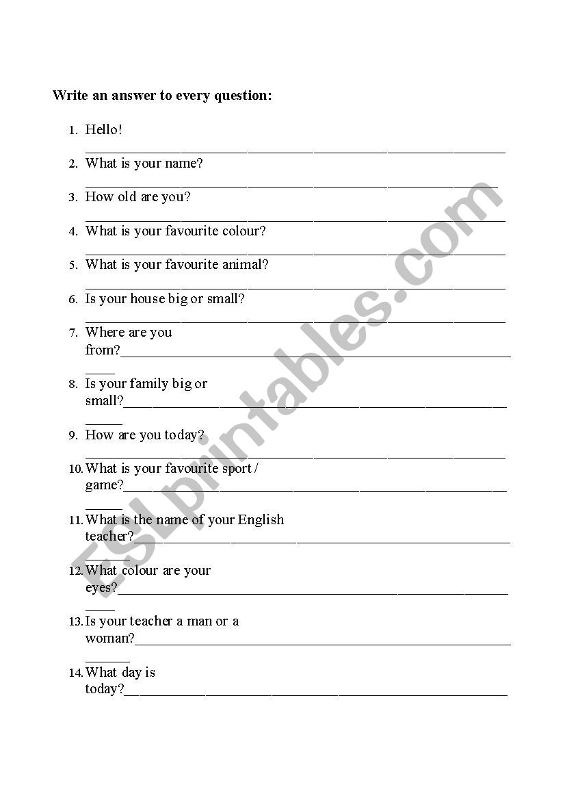 Questions for Starter´s Speaking and Writing practice ESL worksheet