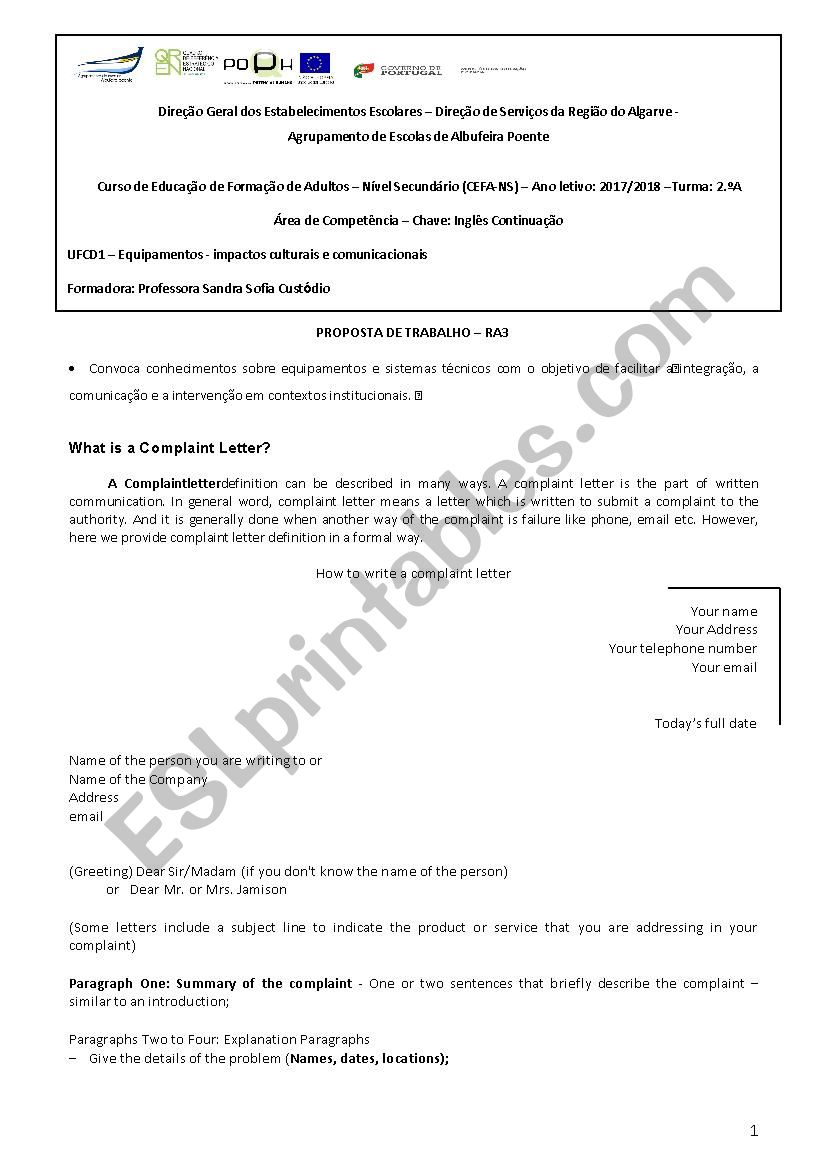 EFA - Adult training courses - Complaint Letter