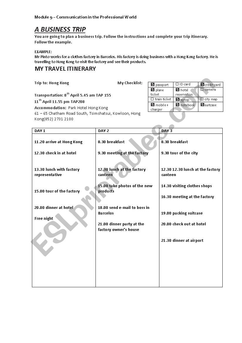 travel itineries worksheet