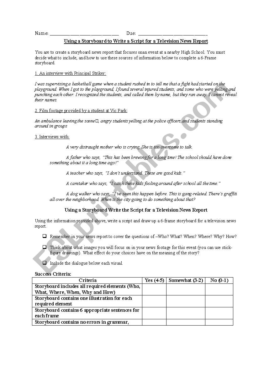 Story Board News Article  worksheet