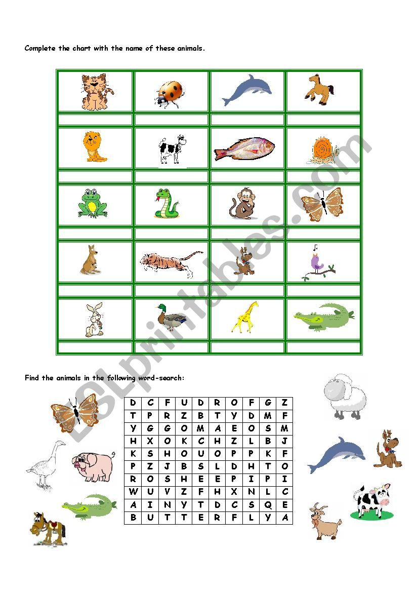 ANMALS CHART AND WORDSEARCH worksheet
