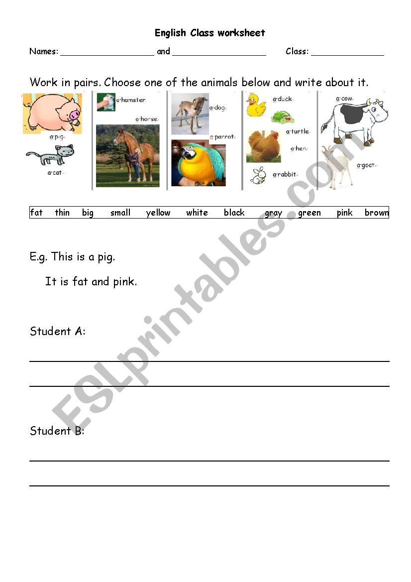 Animals and adjectives worksheet