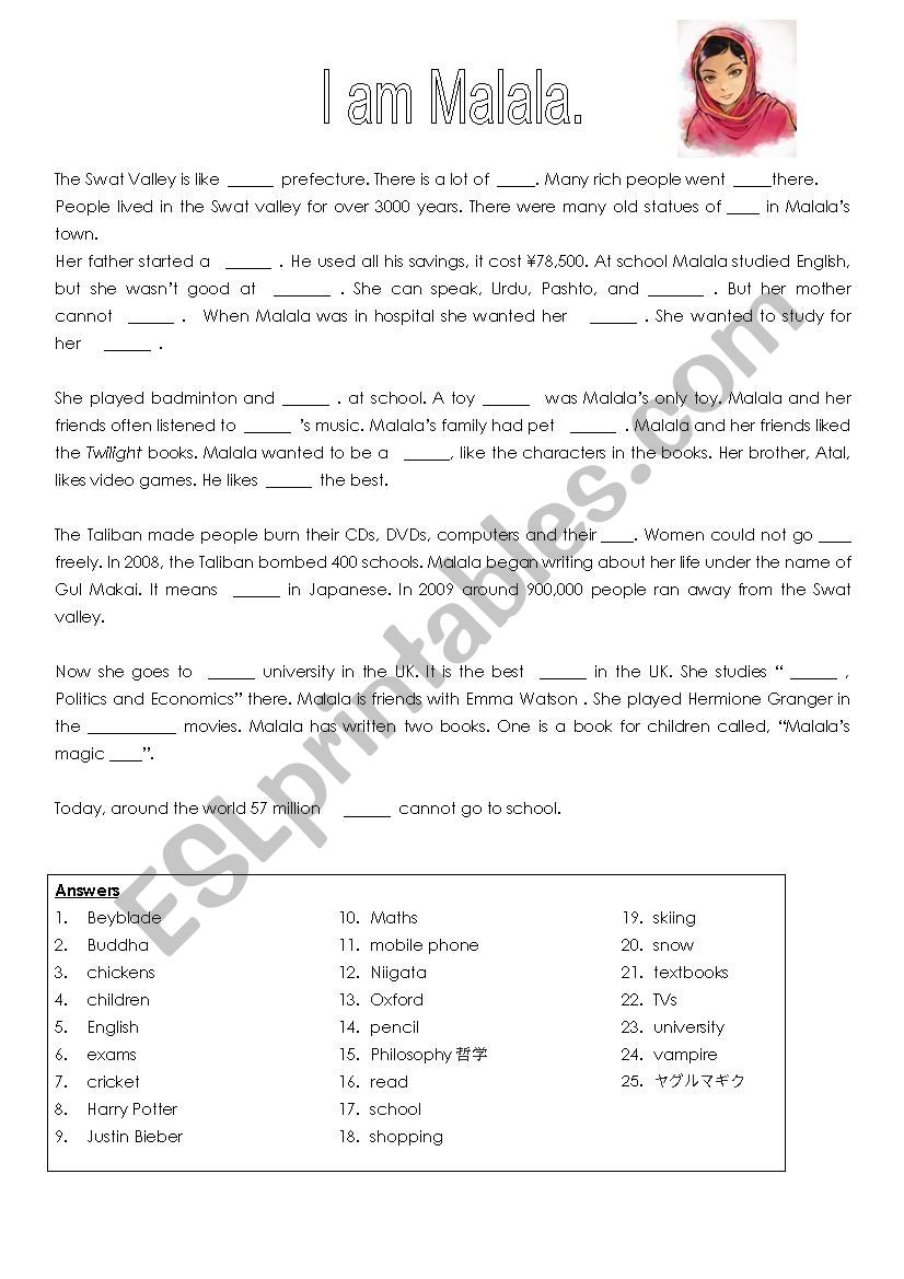 Malala Yousafzai Interesting Facts Quiz 3rd years