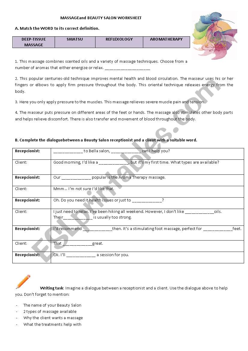 Massage and Beauty Salon Worksheet 1