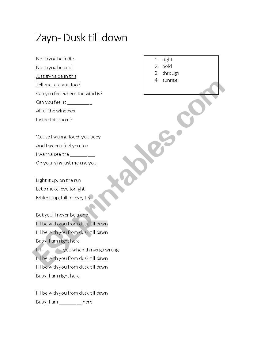 From dusk till down  worksheet